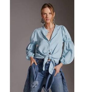 NWT Anthropologie Amadi Puff-Sleeved Tie Blouse, XS